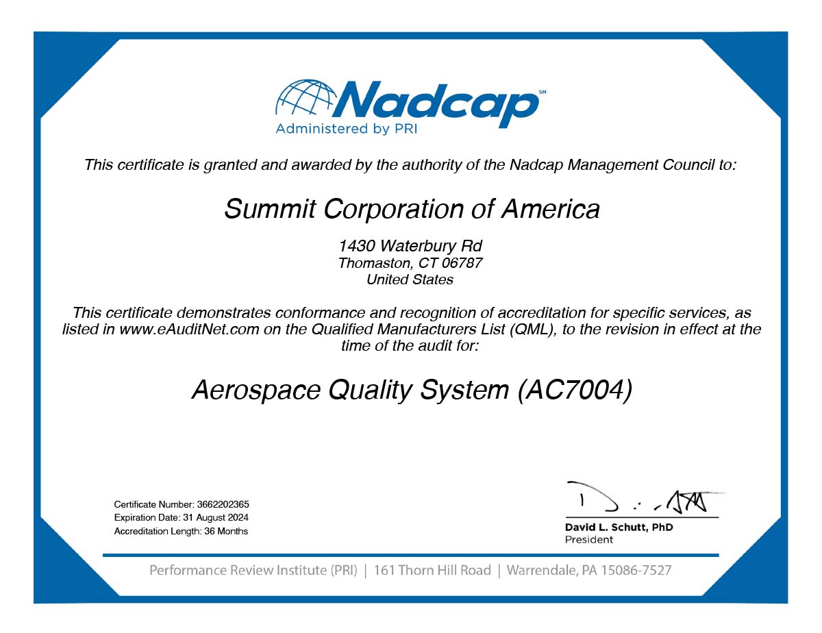 Summit Plating NADCAP Aerospace Quality System AC7004 Certificate valid through date listed on certificate.