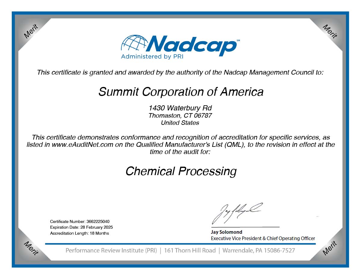 Summit Plating NADCAP Chemical Processing Certificate valid through date listed on certificate